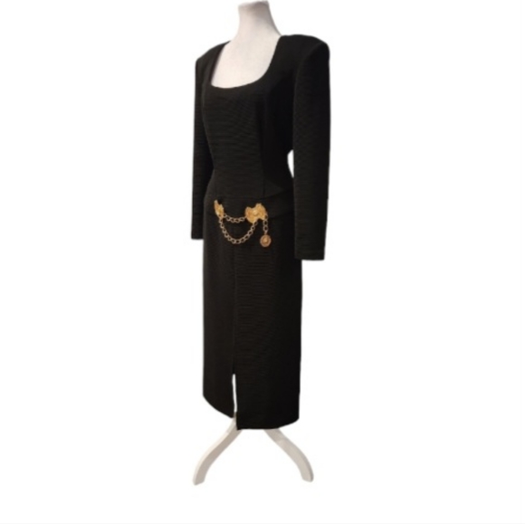 Vintage Joseph Ribkoff Black Dress with Gold Medallion, Slit at Front - Picture 2 of 5